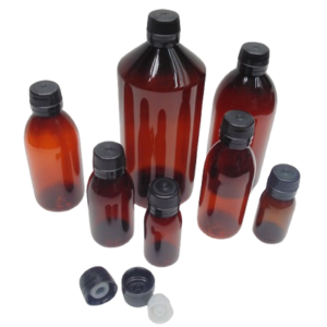Botella-plastico-PET-topacio-tapon-precinto-negro-gotero-incorporado-Fusté