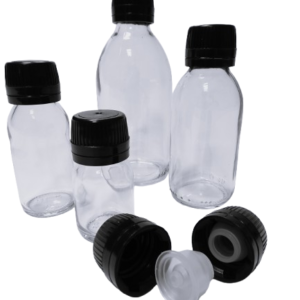 Frasco-vidrio-aligerado-transparente-tapon-precinto-negro-gotero-Fusté