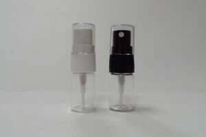 Botella de tubo de vidrio transparente 10 ml. con atomizador plástico blanco o negro (copia)