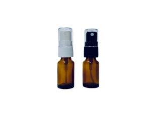 Frasco vidrio topacio 10 ml. Pilfer 18 con atomizador plástico blanco o negro