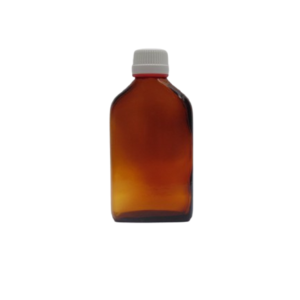 Frasco-vidrio-plano-topacio-250-ml-tapon-vidrio-blanco-rojo-Fusté