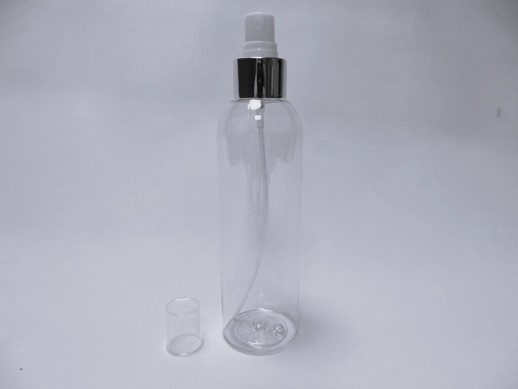 Oferta-hasta-que-agote-existencias-Botella-PET-transparente-Sirio-Alta-200-ml-atomizador-plata-Fusté