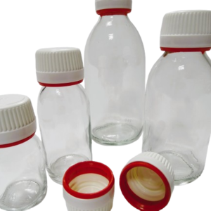 Frasco-vidrio-aligerado-transparente-tapon-precinto-blanco-rojo-Fusté