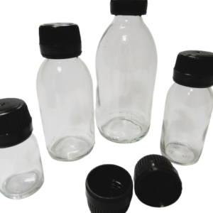 Frasco-vidrio-aligerado-transparente-tapón-precinto-negro-Fusté