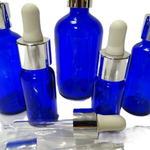 Frasco-vidrio-azul-cobalto-cuentagotas-urea-plata-tetina-blanca-Fusté