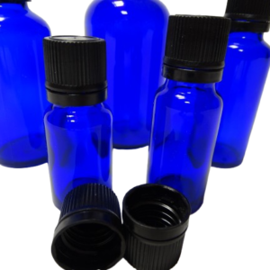 Frasco-vidrio-azul-cobalto-tapón-precinto-negro-Fusté