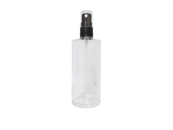 Frasco-vidrio-transparente-Minerva-100-ml-con-atomizador-negro-Fusté-Uso-de atomizadores